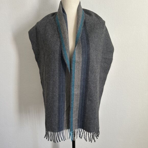 Tumi Scarf Grey & Teal Striped Baby Alpaca Fringed Wrap Made in Peru 66x13 - Picture 1 of 5